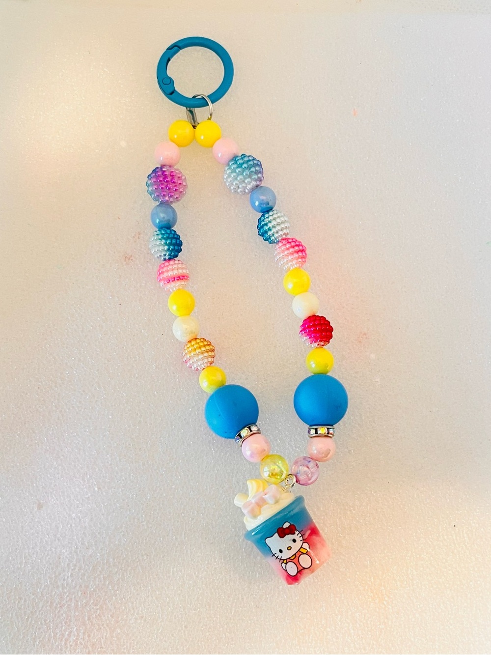 Hello Kitty Blue, Yellow, Pink Beaded Charm keychain phone chain